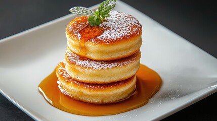 Delicious fluffy pancakes drizzled with syrup and mint garnish
