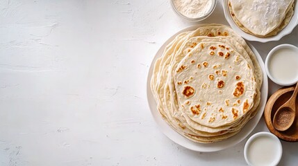 Freshly Made Flatbreads on a White Wooden Table Surface