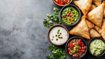 Delicious Indian Samosas with Colorful Dips on Rustic Table