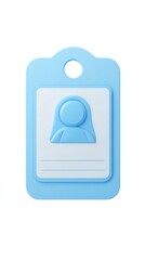 A light-blue, 3D rendered ID tag with a minimalist female profile icon and space for text