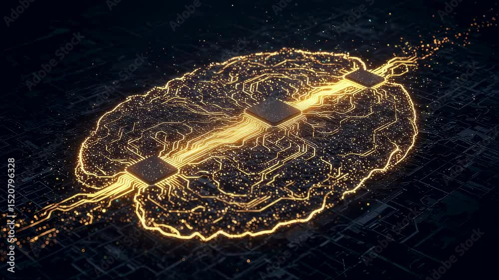  digital brain with glowing circuits and microchips on dark background representing artificial intell