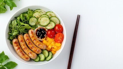Fresh and Colorful Bowl of Salad with Sausages and Vegetables