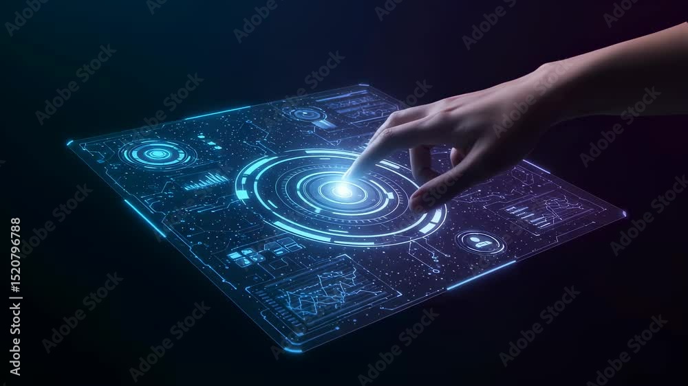 Poster woman hand interacting with futuristic virtual display. digital interface with glowing elements. dat
