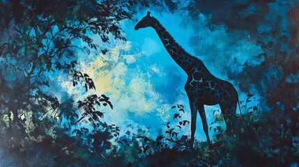 Giraffe silhouette stands amongst trees with light shining through in a painting.