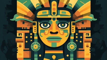 Stylized illustration of a face with headdress in green yellow and brown tones.
