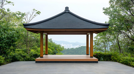 Wooden Gazebo With City View In Garden