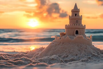 Beautifully crafted sandcastle on sandy beach during stunning sunset with ocean waves in the background, Sandcastle on sandy beach during sunset with ocean in background