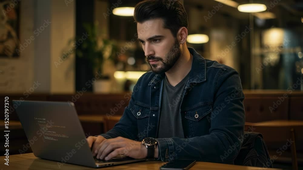 Poster man programmer coding with laptop, sitting at table in cafe. developer at work, modern technology co