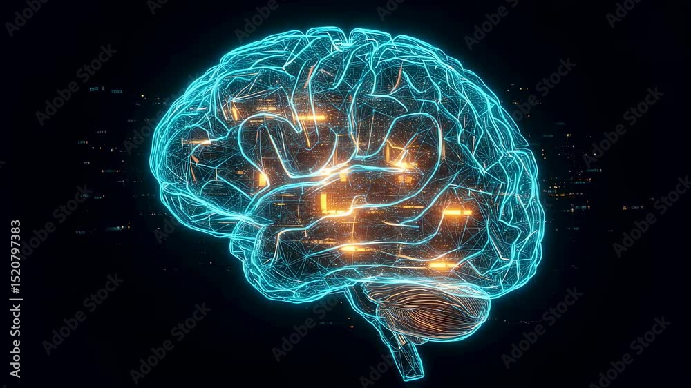 Poster Digital brain composed of glowing lines with data flowing representing AI and machine learning. Artificial intelligence concept animation.