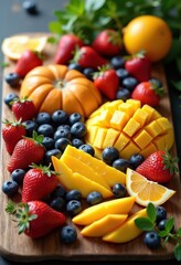 vibrant colorful fruit flat lay arrangement wooden cutting board fresh seasonal selection, orange, banana, kiwi, berry, grape, peach, plum, cherry, melon