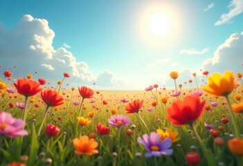 vibrant wildflower field colorful blossoms sunlight nature bright sky scenic view, petal, landscape, scenery, outdoors, meadow, flora, spring, garden, hues