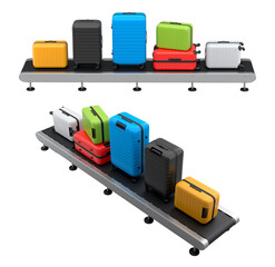 Set of Airport luggage conveyor belt, manufacture line or baggage claim area with suitcases on white background. 3d render of travel vacation concept.