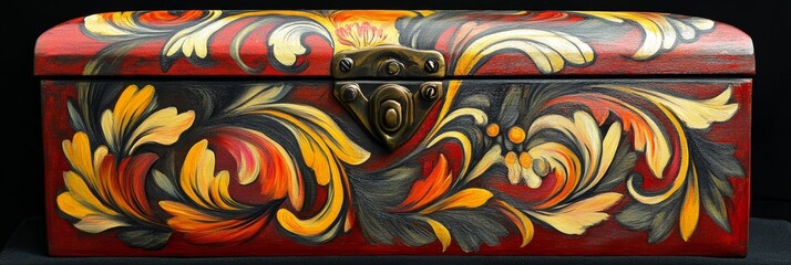 Decorated wooden box with floral pattern on a dark background.