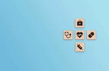 Health Insurance Concept, healthcare medical icons on blue background with copy space