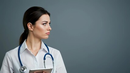 Young woman doctor or surgeon with stethoscope looking at tablet with sad face and frustration. Professional burnout concept. - Powered by Adobe