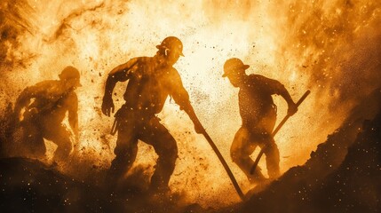 Three workers in protective gear stand amidst intense heat and bright light.