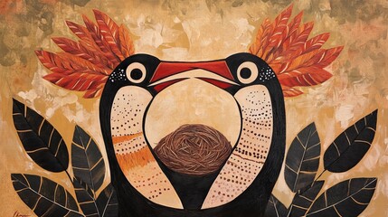 Stylized bird illustration with red feathers and black leaves on textured background.