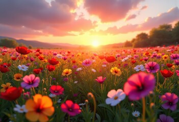 vibrant wildflower fields sunset nature colorful meadow blooming flora sky, petal, blossom, landscape, floral, brightness, scenery, prairie, vibrance