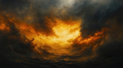 Fototapeta premium Fiery Sunset Landscape Painting Impasto Style Dark Clouds Golden Hues