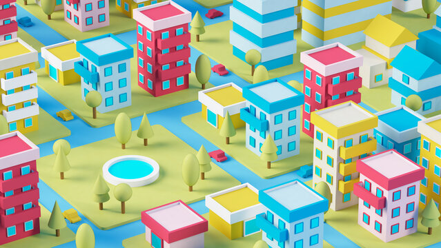 Three dimensional render of diorama of colorful city