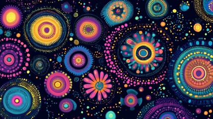 Colorful circles and dots create an abstract decorative pattern against a dark background.