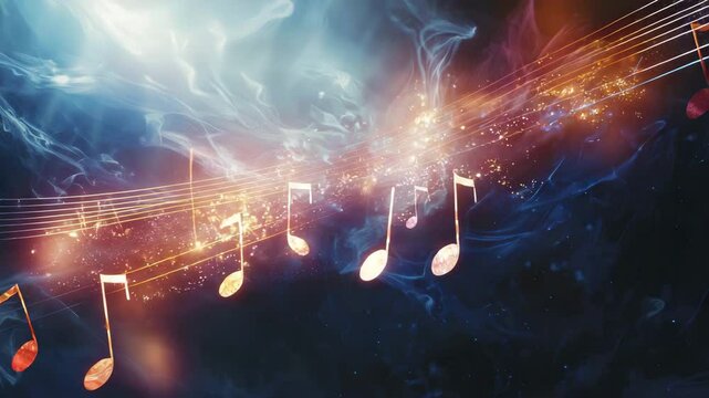 Musical notes glow and float through a cosmic, colorful space, blending music with a dreamlike, celestial atmosphere.