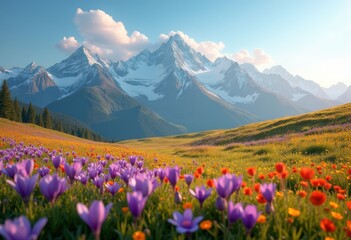 Fototapeta premium vibrant wildflower meadow majestic mountains colorful landscape scenic nature view, rainbow, lgbtq, lgbt, pride, love, equality, flora, grass, field