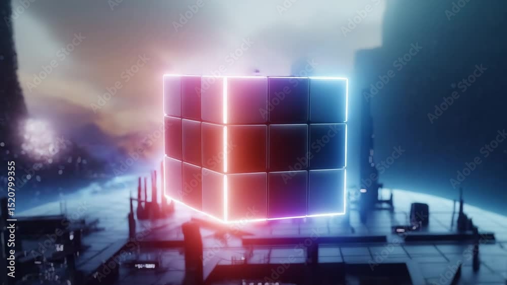 Poster a glowing neon cube floats above a futuristic cityscape with a cosmic background.