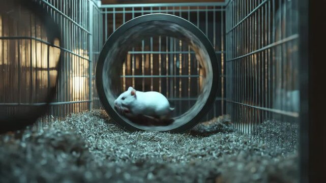 A small mouse sits inside a running wheel in a cage filled with bedding material, illuminated by soft, warm light.