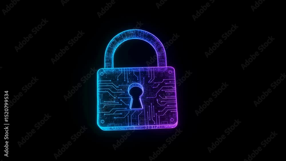 Poster digital padlock with virtual circuit board lines symbolizing cyber security. data encryption for onl