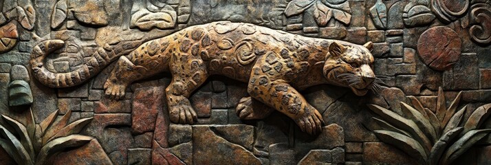 Carved jaguar sculpture on a textured wall with jungle foliage details.