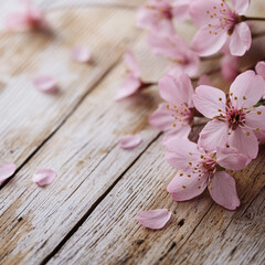 Fototapeta premium Delicate pink cherry blossoms scattered on rustic wooden planks create serene and natural atmosphere. soft petals contrast beautifully with textured wood, evoking sense of tranquility
