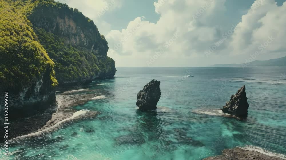 Poster turquoise water and dramatic rocky cliffs with lush greenery surround a tranquil bay under a partly 