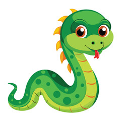 Fototapeta premium Adorable Green Cartoon Snake with Orange Spikes, Tongue Out Isolated on White Background