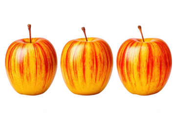 Three gala apples with red stripes isolated on transparent background, studio shot