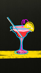 Contemporary art collage. Pink margarita cocktail with yellow lemon slice and curly straw in glass...