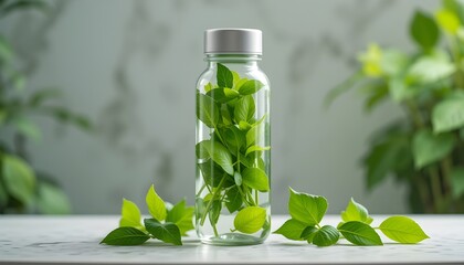 Fresh green leaves in a clear, reusable water bottle