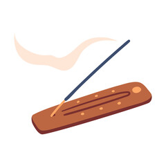 Burning incense stick on a wooden holder with swirling aromatic smoke. Aromatherapy concept. Hand drawn vector illustration.
