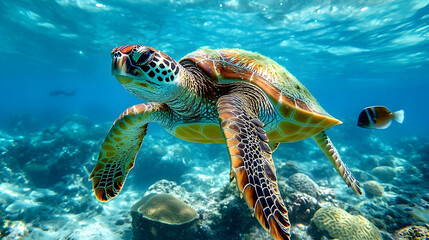 Obraz premium A sea turtle swims in the clear, vibrant ocean.