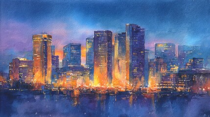 Fototapeta premium Cityscape evening watercolor art