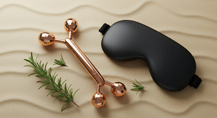 Facial roller and sleep mask on textured surface with herbs