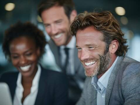 Three happy diverse professionals working together looking at a screen and smiling in an office setting.