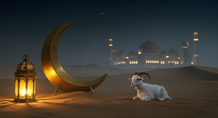 Eid al-Adha Festive Sunset Silhouette with Lantern, Crescent Moon, Star, and Goat