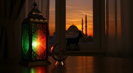 Eid al-Adha Festive Sunset Silhouette with Lantern, Crescent Moon, Star, and Goat