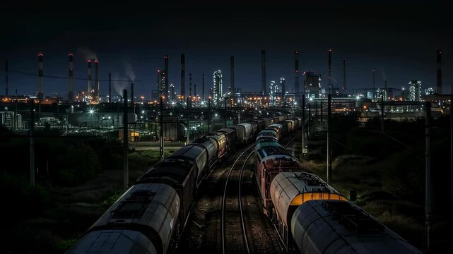 Two trains carrying goods move on parallel tracks at night with a bright industrial plant in the background, transportation industry footage.