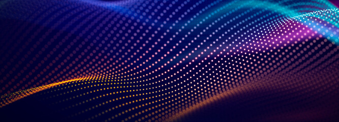 Particle stream. Purple background with many glowing particles. Information technology background. 3d rendering.