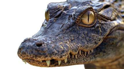 Majestic alligator with intense golden eyes observes with ancient wisdom on transparent background