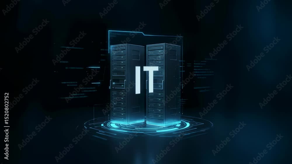 Poster Computer data center servers with IT programming code, concept of information technology and network connection footage.