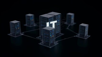 Information technology IT servers connected in a network. Data center cloud computing and digital data transfer concept footage. - Powered by Adobe