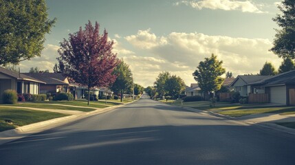 Residential street under a partly cloudy sky